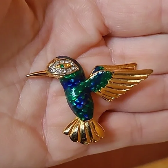 Hummingbird Brooch Green & Blue Enamel & Crystal Rhinestones Bird of Paradise 2" - Picture 6 of 8